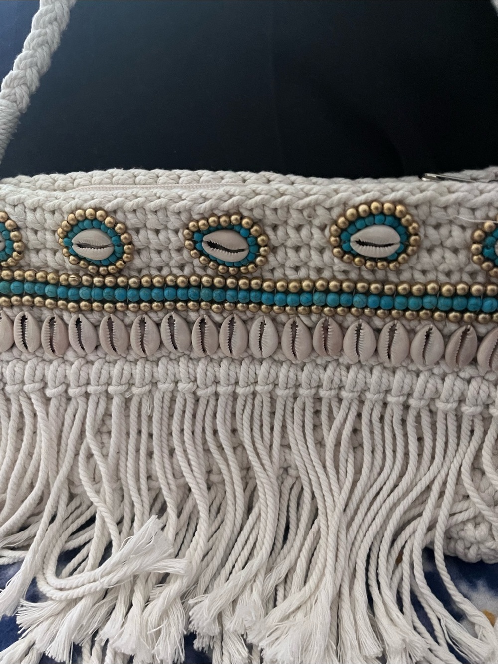 Boho Shell Fringe Crossbody Bag - White with Turquoise & Gold Accents